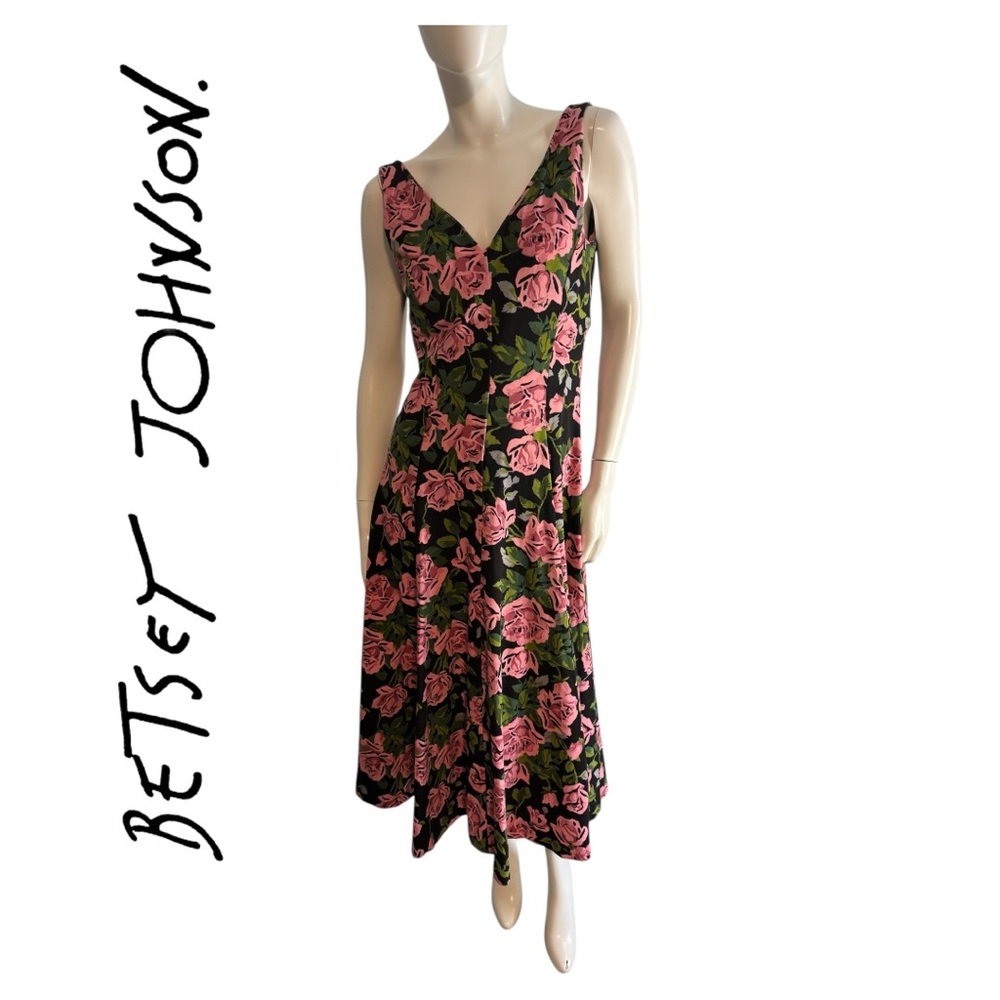 Betsey Johnson Black and Pink Rose Midi Dress